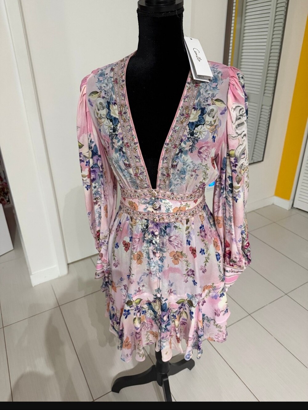 Camilla Pink Floral Long Sleeve V-Neck Mini Dress